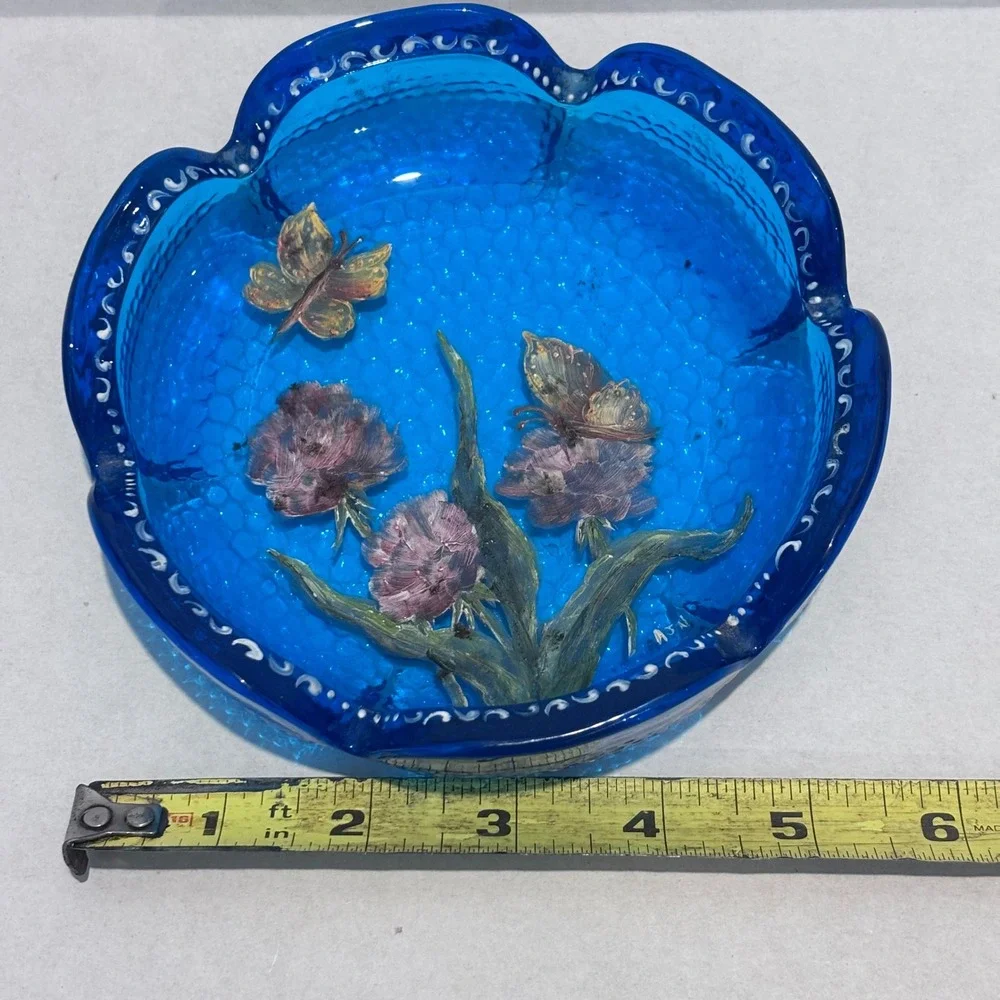Vintage Blue‎ Glass Ash Tray Hand Painted Butterflies Floral Scalloped Edge